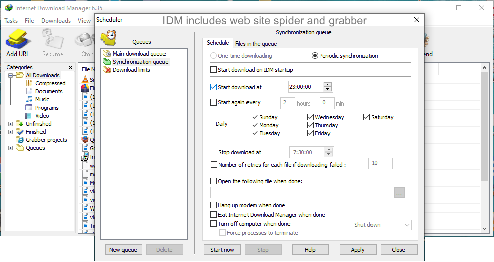 IDM includes web site spider and grabber
